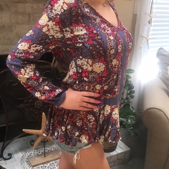 Free People Boho Floral Long Sleeve Pullover Top Size M - Picture 5 of 16